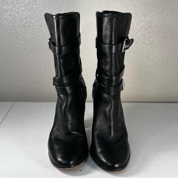 Coach Womens 9 Alexandra Black Leather Mid Calf Heeled Boots Buckle Booties - Picture 3 of 13